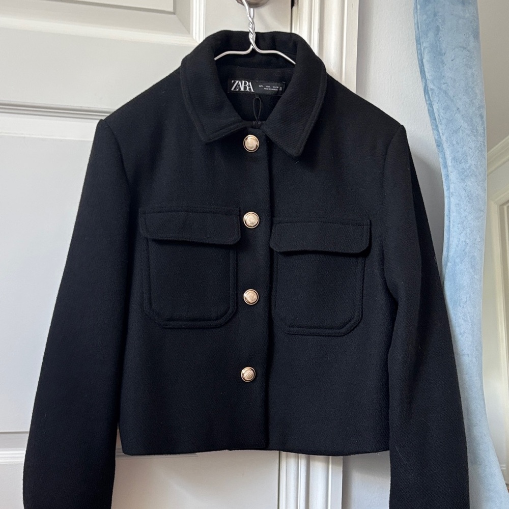 ZARA Black Cropped Wool Button -Front Jacket. Size L Worn Twice